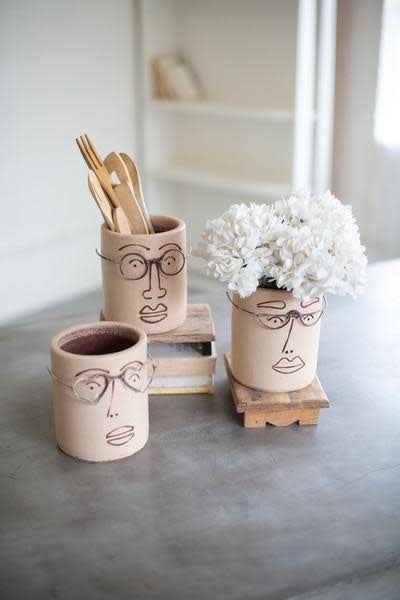 Set Of Three Clay Face Planters With Wire Glasses