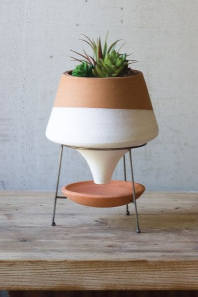 Natural & White Small Terracotta Funnel Planter W Wire Base
