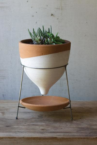 Natural & White Large Terracotta Funnel Planter W Wire Base