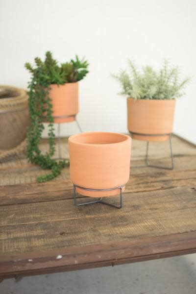 Set Of Three Natural Clay Planters With Wire Bases