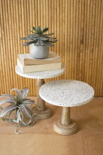 Set Of Two Terrazzo Pedestals With Wood Bases