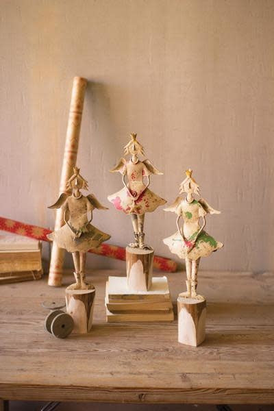 Set Of Three Painted Recycled Metal Angels On Wooden Bases