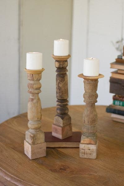 Set Of 3 Assorted Wooden Reclaimed Banister Candle Stand