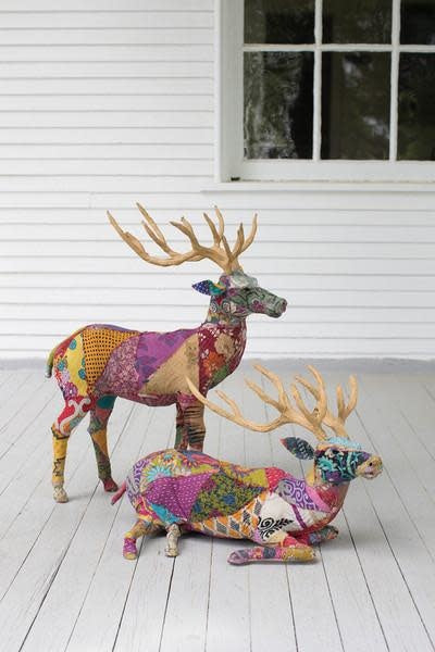 Set Of Two Stag With Recycled Patchwork Cloth
