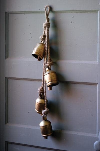 Four Rustic Iron Hanging Bells With Rope