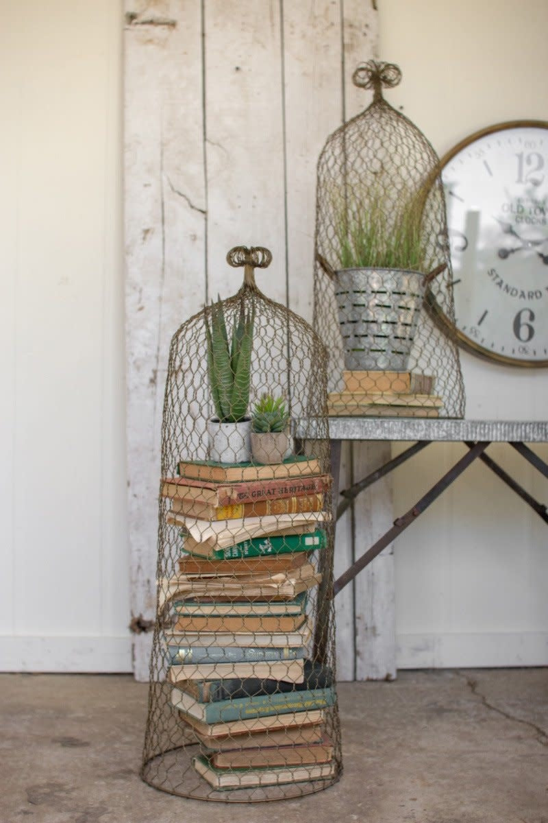 Set Of Two Wire Cloche Topiaries- Old Gold