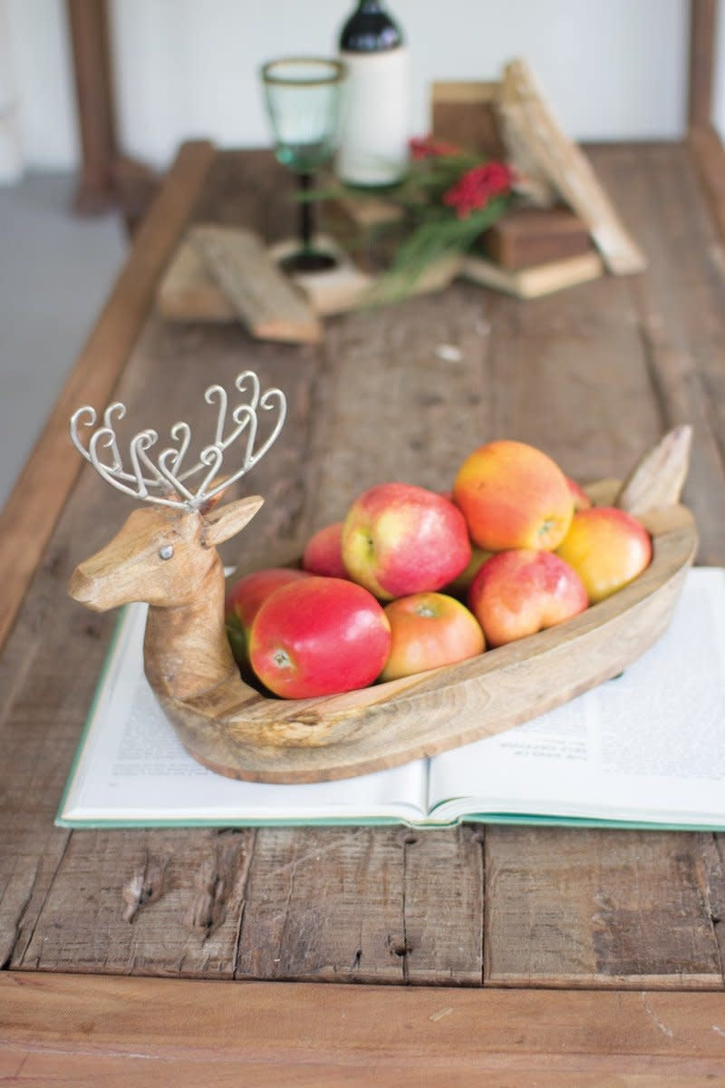 Hand Carved Mango Wood Reindeer Bowl With Metal Lers