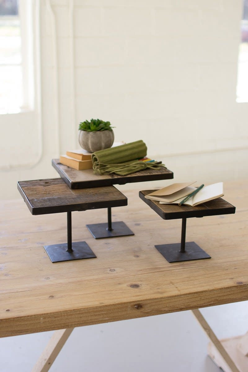 Set Of 3 Recycled Wood Risers W Antique Black Metal Bases