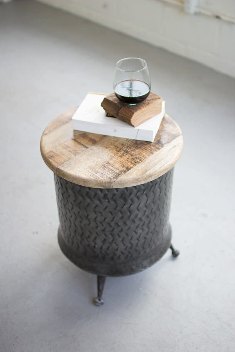 Cylinder Shaped Metal Side Table With Mango Wood Top