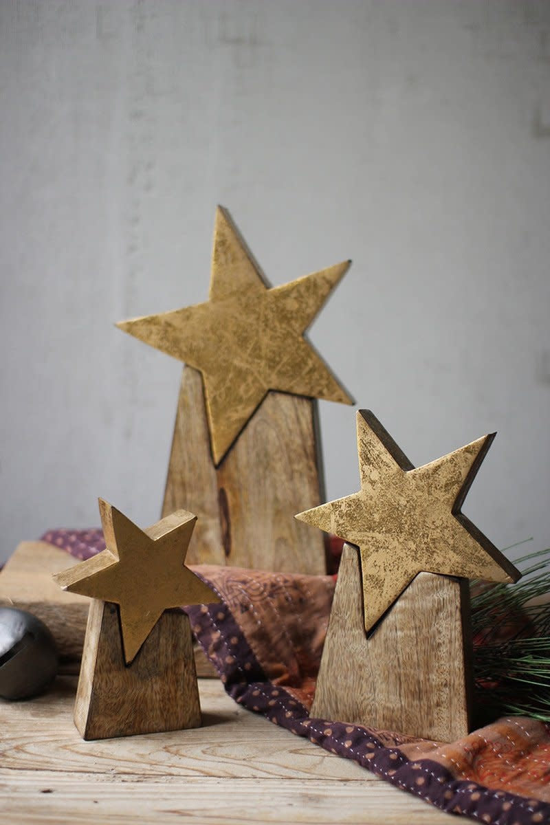 Set Of Three Wooden Star On Base