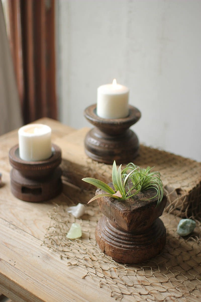 Set Of Three Hand Carved Wooden Seed Spreader Candle Holders