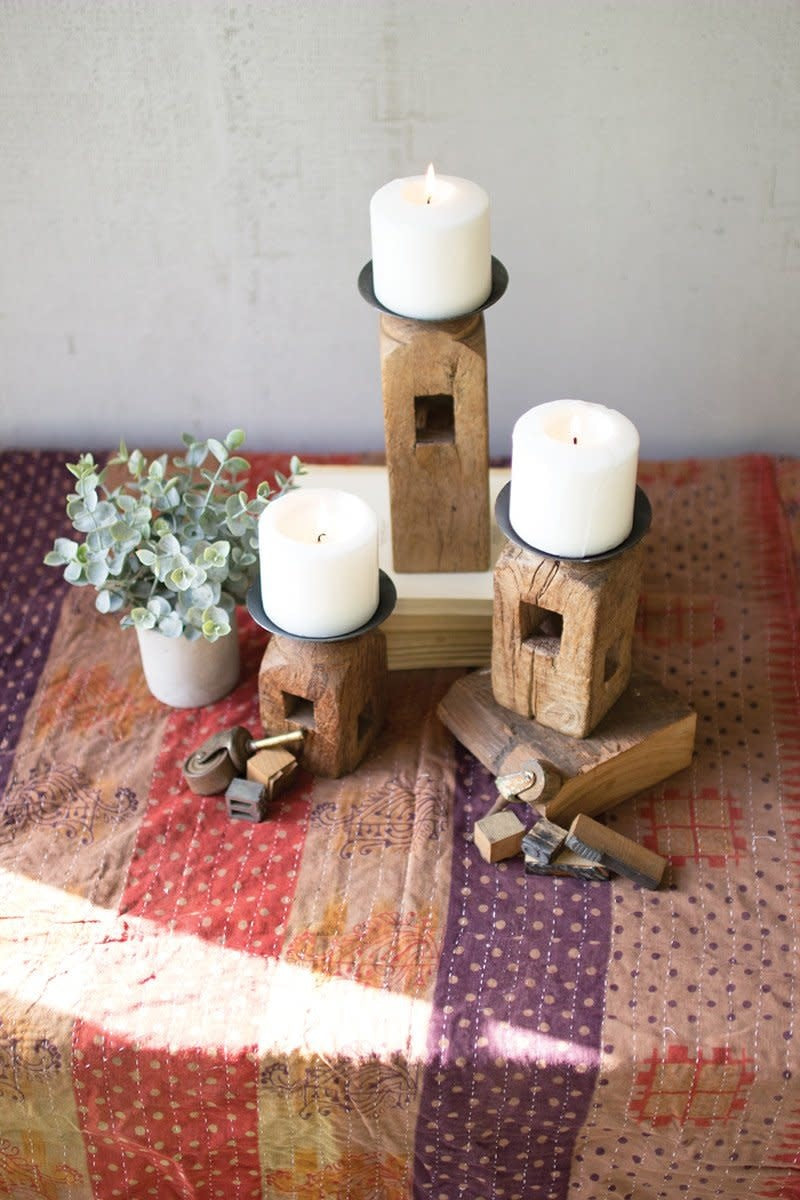 Set Of Three Square Wooden Furniture Leg Candle Holders