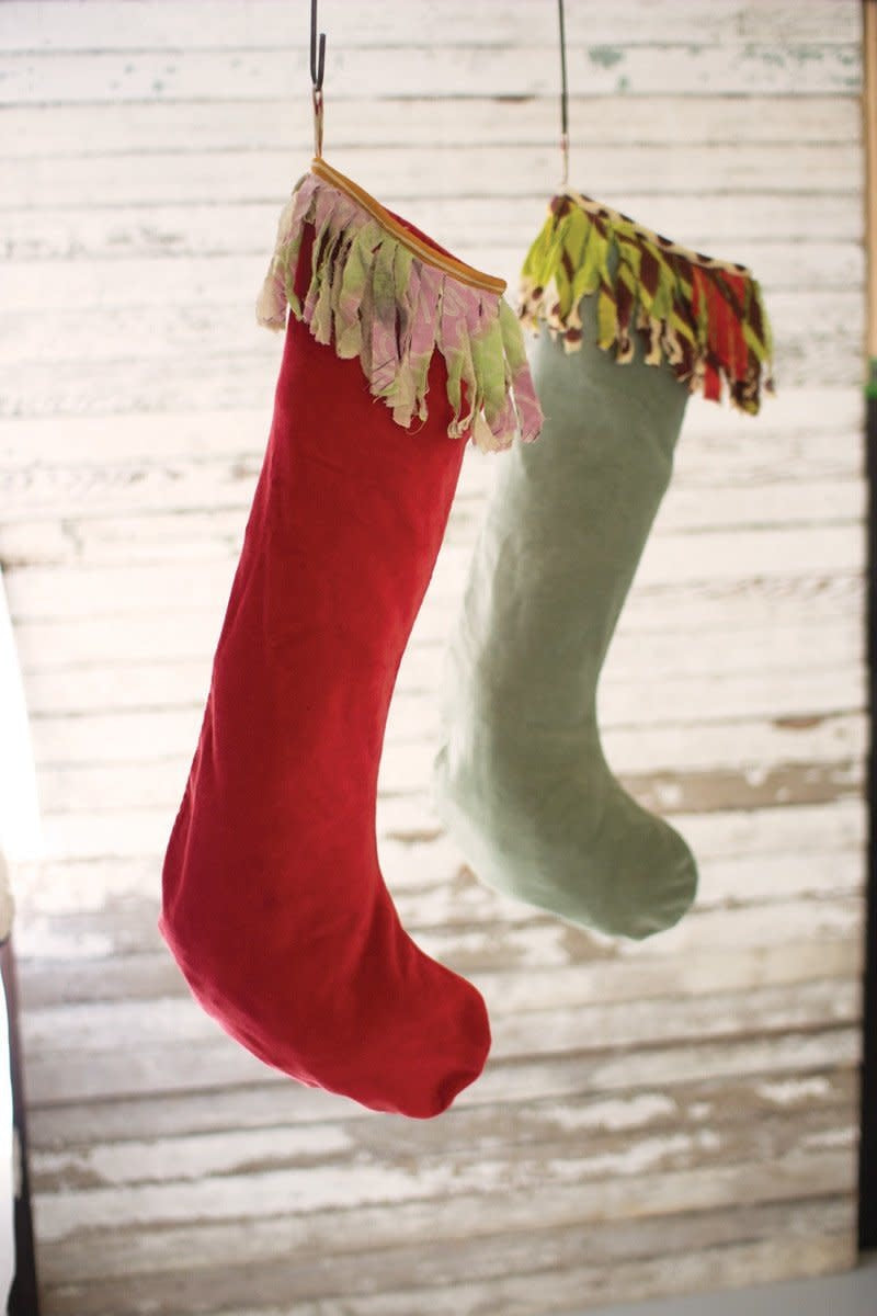 Set Of Two Velvet Stockings W Kantha Fringe - Red And Green