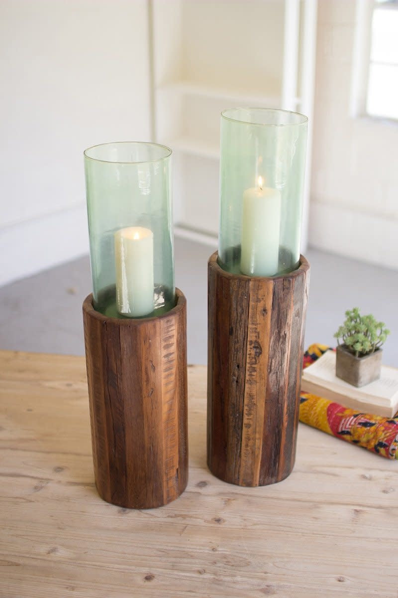 Set Of Two Recycled Wooden Pedestals With Glass Hurricanes