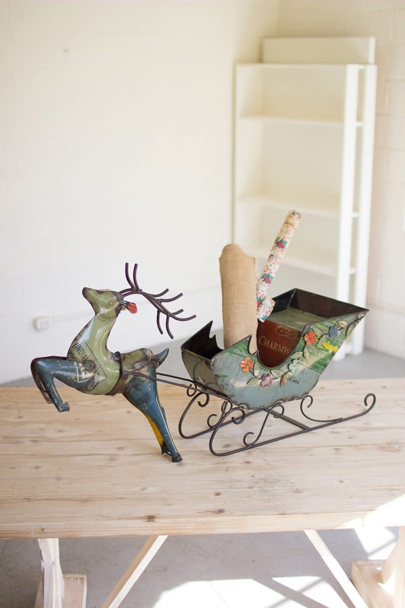 Recycled Iron Deer With Cart