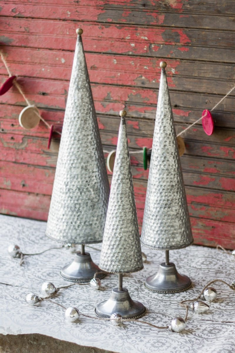 Set Of Three Zinc Topiaries With Beaded Brass Detail