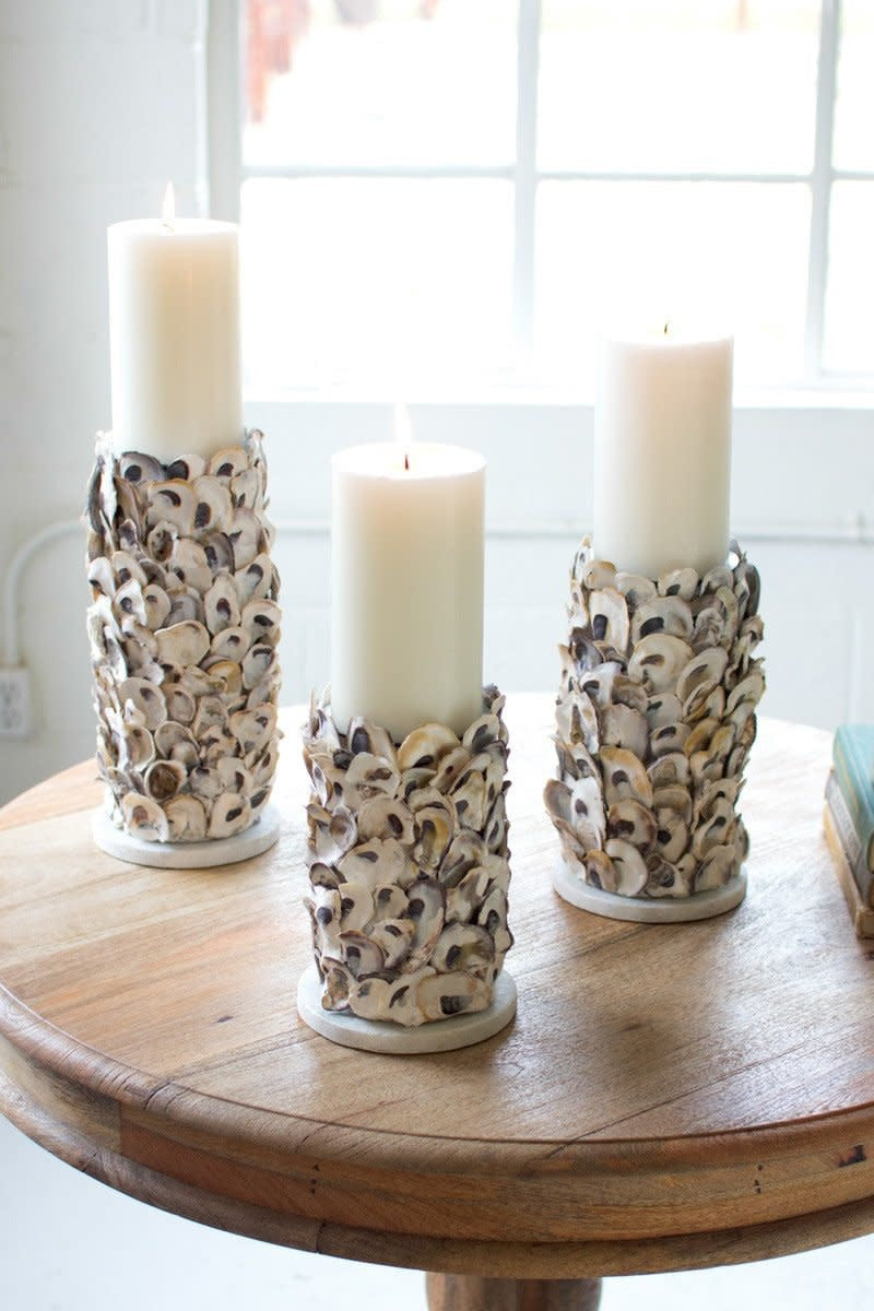 Set Of 3 Oyster Shell Pillar Candle Holders